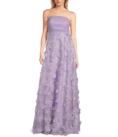 Dear Moon 3D Floral Strapless Ruched Bodice A-Line Ballgown