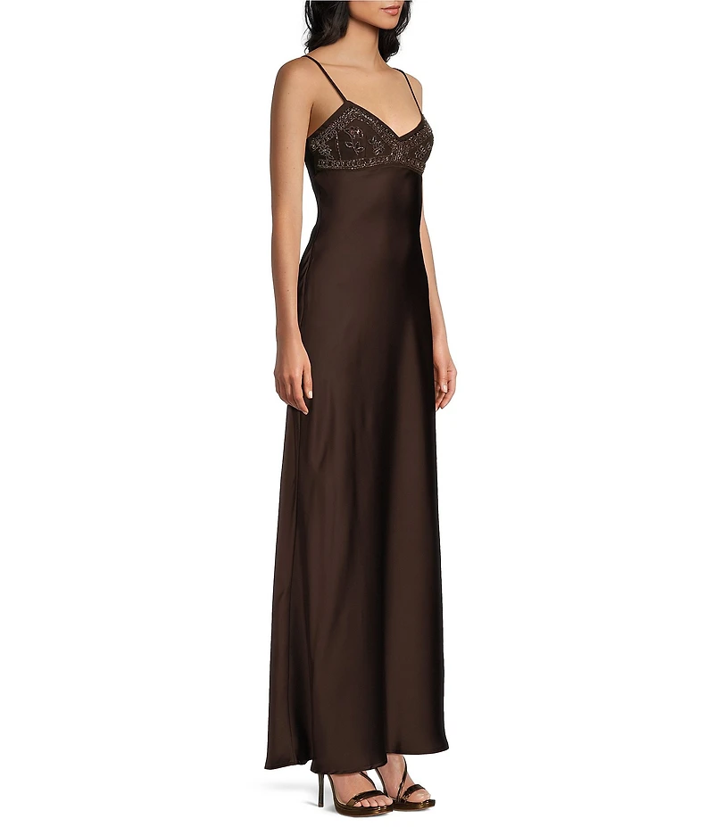 Dear Moon Beaded Satin V-Neck Maxi Dress