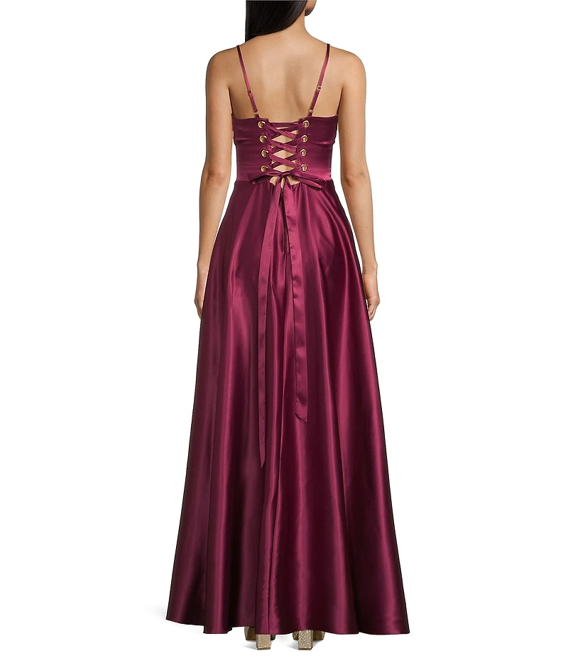 Dear Moon Charmeuse Cowl Neck Grommet Lace Up Back Ball Gown