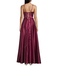Dear Moon Charmeuse Cowl Neck Grommet Lace Up Back Ball Gown