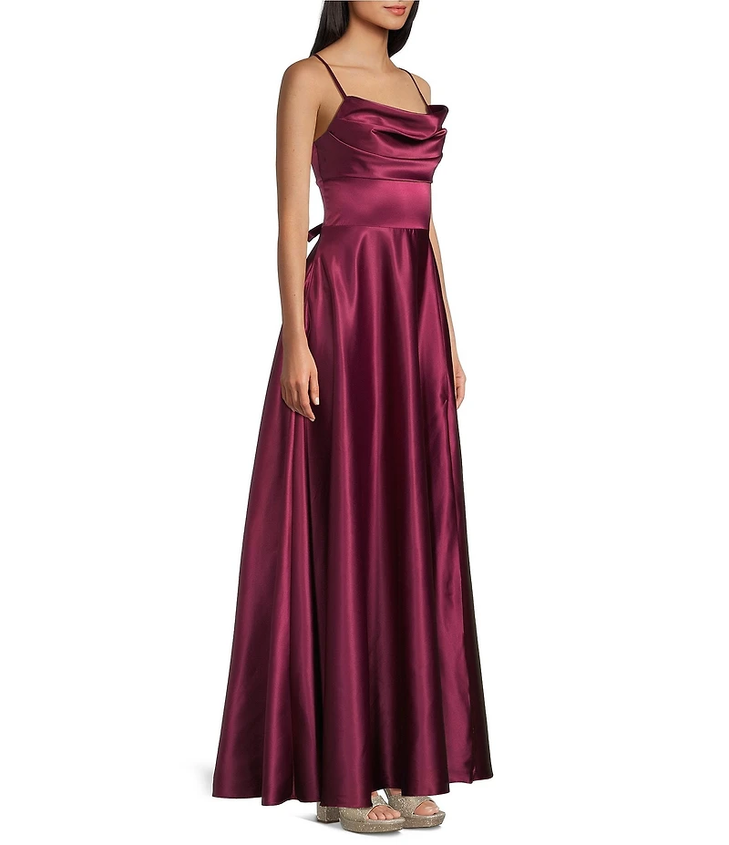 Dear Moon Charmeuse Cowl Neck Grommet Lace Up Back Ball Gown