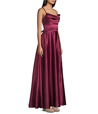 Dear Moon Charmeuse Cowl Neck Grommet Lace Up Back Ball Gown