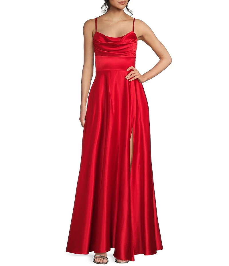 Dear Moon Charmeuse Cowl Neck Side Slit Dress