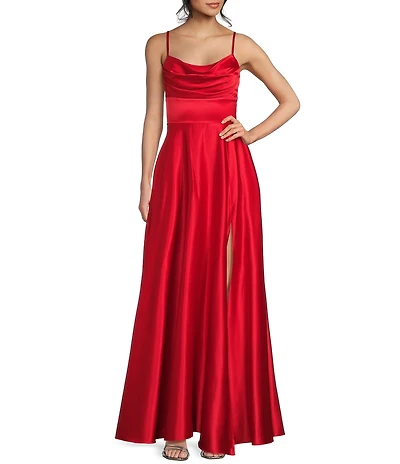 Dear Moon Charmeuse Cowl Neck Side Slit Dress