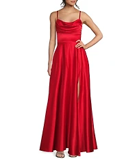 Dear Moon Charmeuse Cowl Neck Side Slit Dress