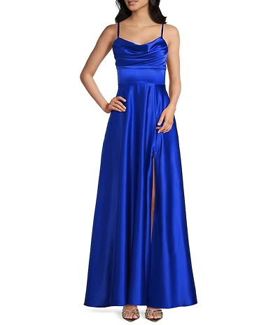 Dear Moon Charmeuse Cowl Neck Side Slit Gown