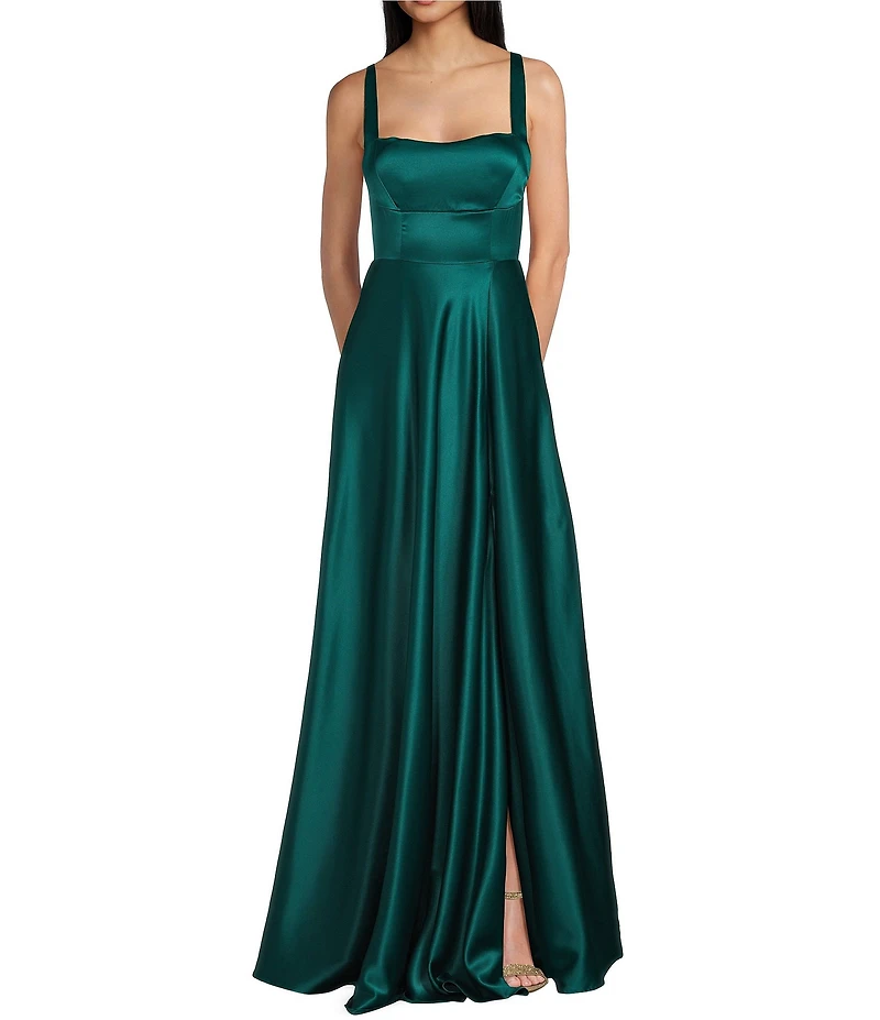 Dear Moon Charmeuse Scoop Neck Front Slit A-Line Ballgown
