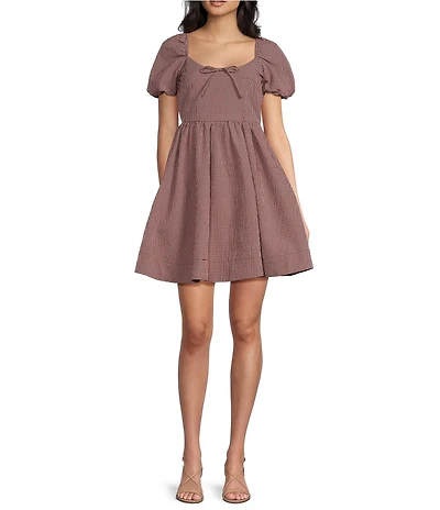Dear Moon Check Print Short Puff Sleeve Tie Front Dress