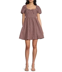Dear Moon Check Print Short Puff Sleeve Tie Front Dress