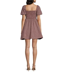 Dear Moon Check Print Short Puff Sleeve Tie Front Dress