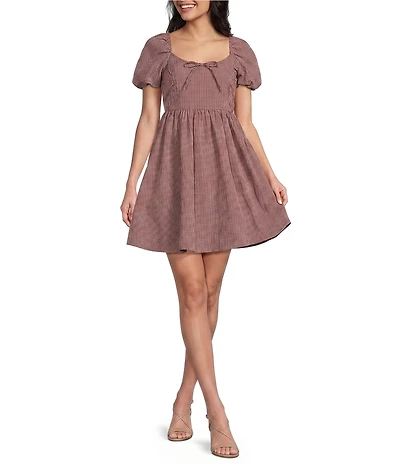 Dear Moon Check Print Short Puff Sleeve Tie Front Dress