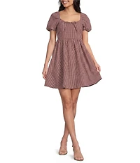 Dear Moon Check Print Short Puff Sleeve Tie Front Dress