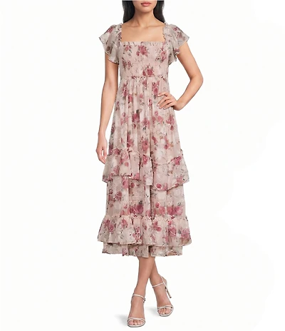 Dear Moon Chiffon Floral Printed Smocked Flutter Sleeve Ruffle Midi Dress