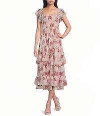Dear Moon Chiffon Floral Printed Smocked Flutter Sleeve Ruffle Midi Dress