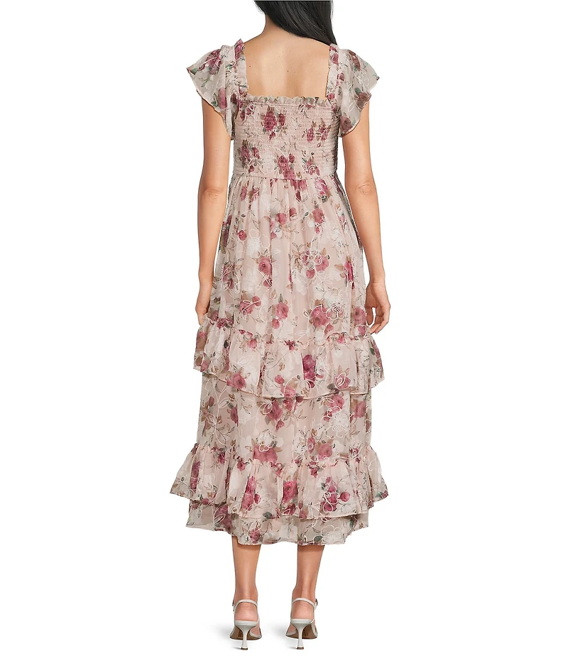 Dear Moon Chiffon Floral Printed Smocked Flutter Sleeve Ruffle Midi Dress