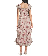 Dear Moon Chiffon Floral Printed Smocked Flutter Sleeve Ruffle Midi Dress