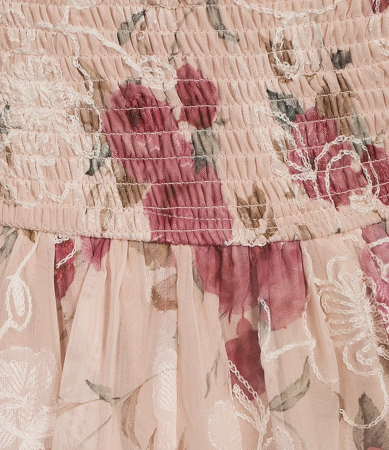 Dear Moon Chiffon Floral Printed Smocked Flutter Sleeve Ruffle Midi Dress
