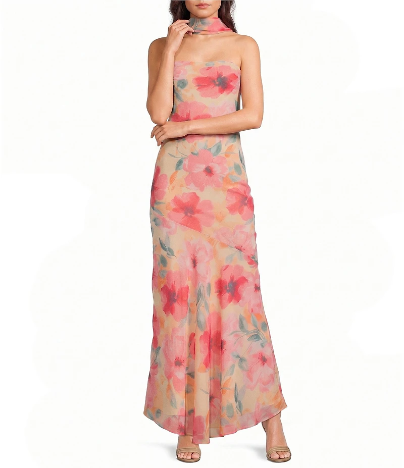 Dear Moon Chiffon Floral Printed Strapless Scarf Maxi Dress