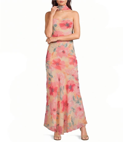 Dear Moon Chiffon Floral Printed Strapless Scarf Maxi Dress