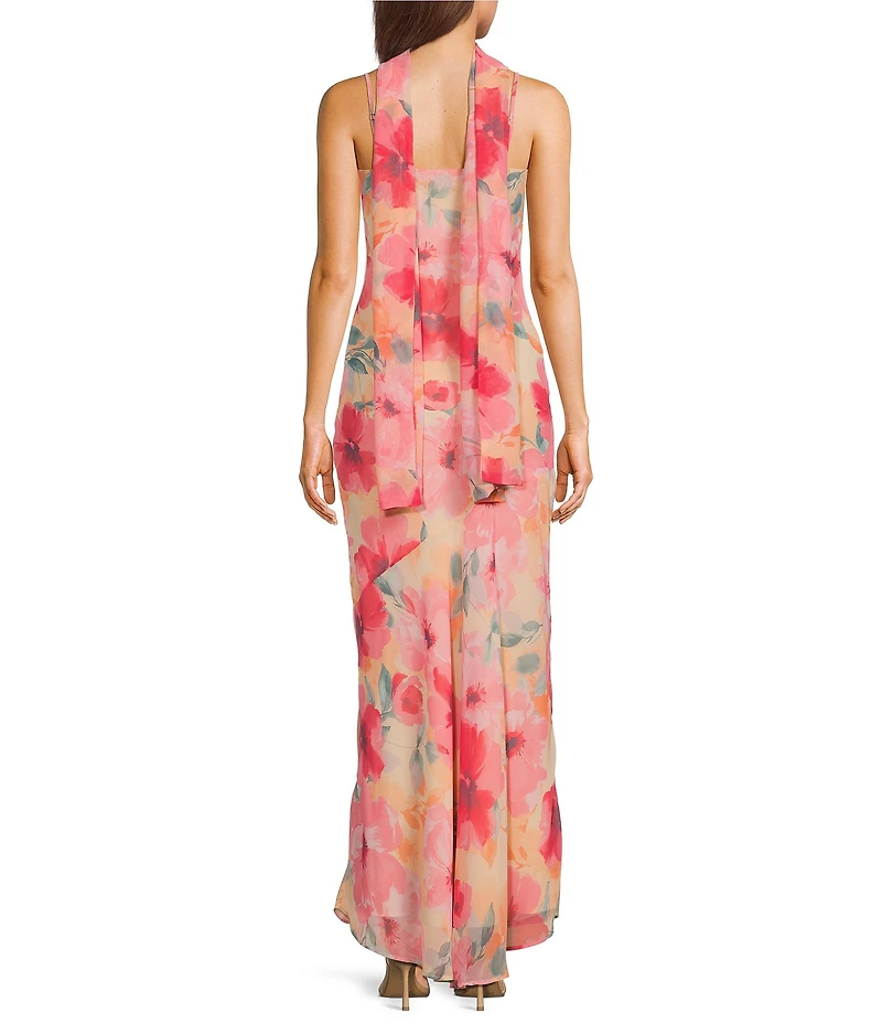Dear Moon Chiffon Floral Printed Strapless Scarf Maxi Dress