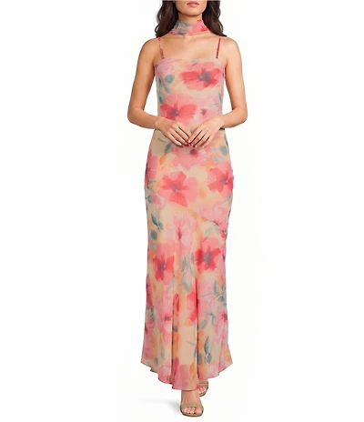 Dear Moon Chiffon Floral Printed Strapless Scarf Maxi Dress