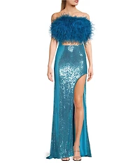 Dear Moon Faux Feather Strapless Sequin Embellished Long Two-Piece Dress