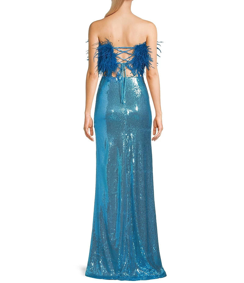 Dear Moon Faux Feather Strapless Sequin Embellished Long Two-Piece Dress