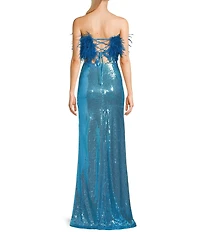 Dear Moon Faux Feather Strapless Sequin Embellished Long Two-Piece Dress