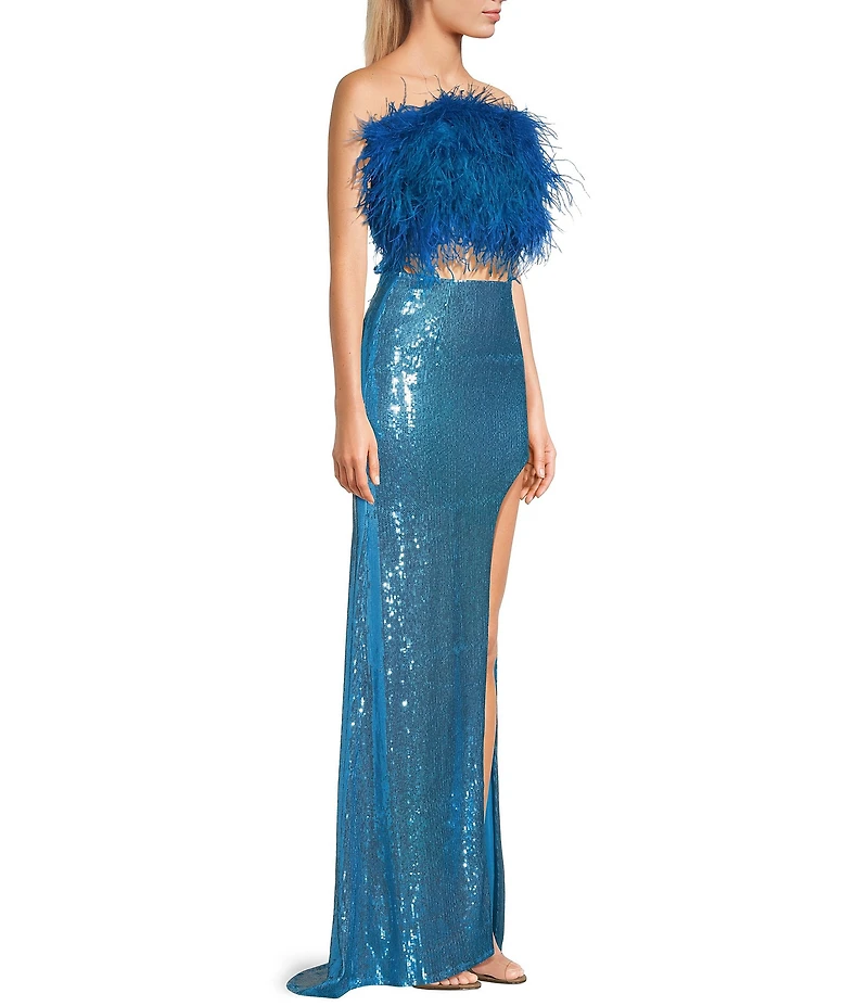 Dear Moon Faux Feather Strapless Sequin Embellished Long Two-Piece Dress