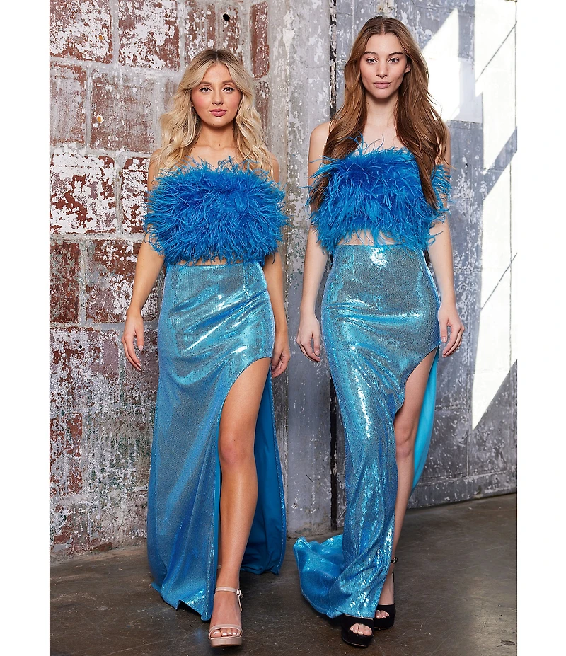 Dear Moon Faux Feather Strapless Sequin Embellished Long Two-Piece Dress