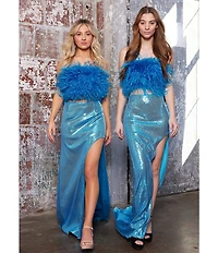 Dear Moon Faux Feather Strapless Sequin Embellished Long Two-Piece Dress