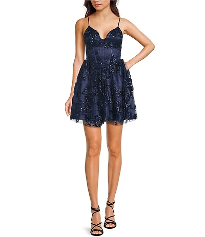 Dear Moon Floral Patterned Sequin Glitter Embellished Sweetheart Neck Corset Drop Waist Lace Up Back Dress