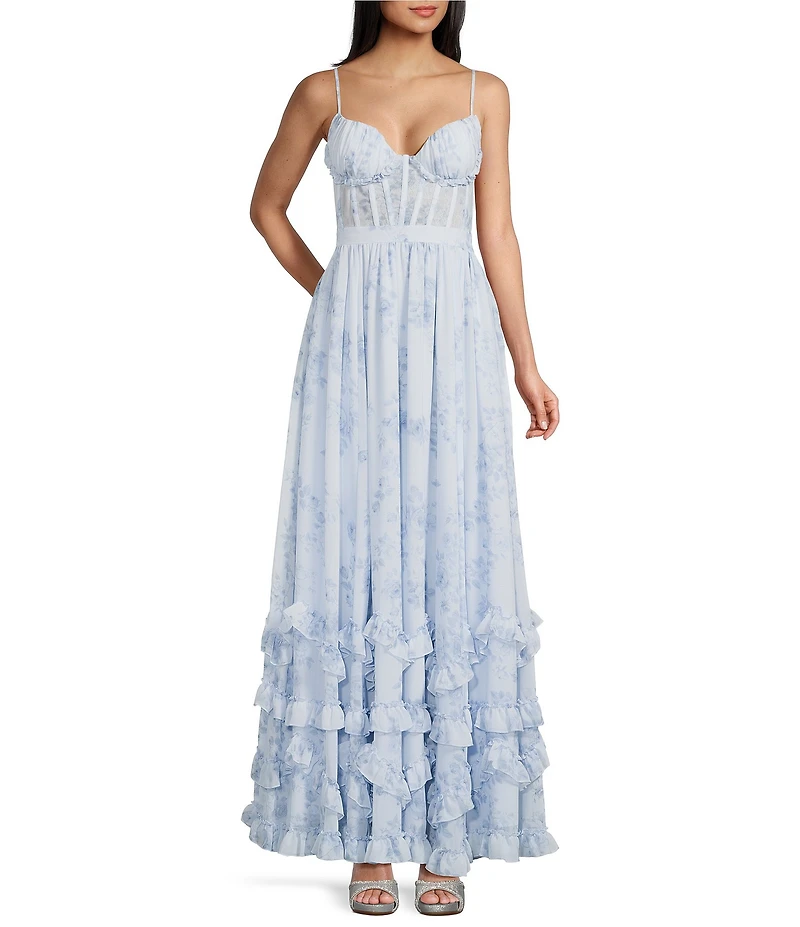 Dear Moon Floral Printed Chiffon Sweetheart Neck Pleated Ruffle Lace Up Back Ballgown