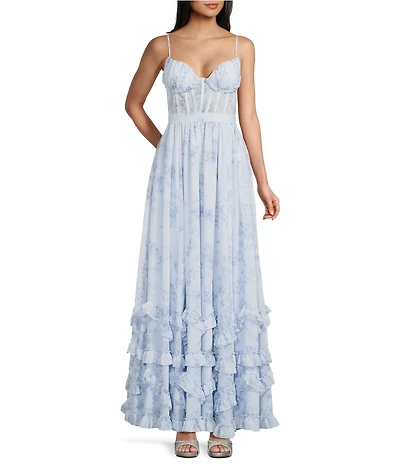 Dear Moon Floral Printed Chiffon Sweetheart Neck Pleated Ruffle Lace Up Back Ballgown