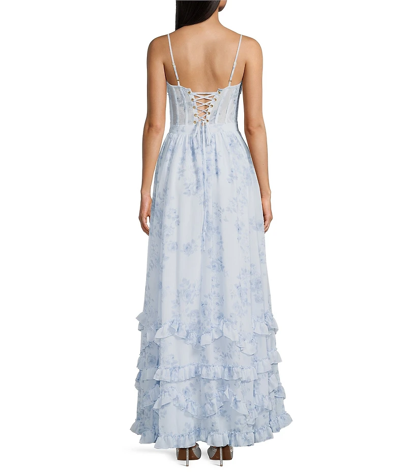 Dear Moon Floral Printed Chiffon Sweetheart Neck Pleated Ruffle Lace Up Back Ballgown