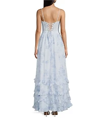 Dear Moon Floral Printed Chiffon Sweetheart Neck Pleated Ruffle Lace Up Back Ballgown