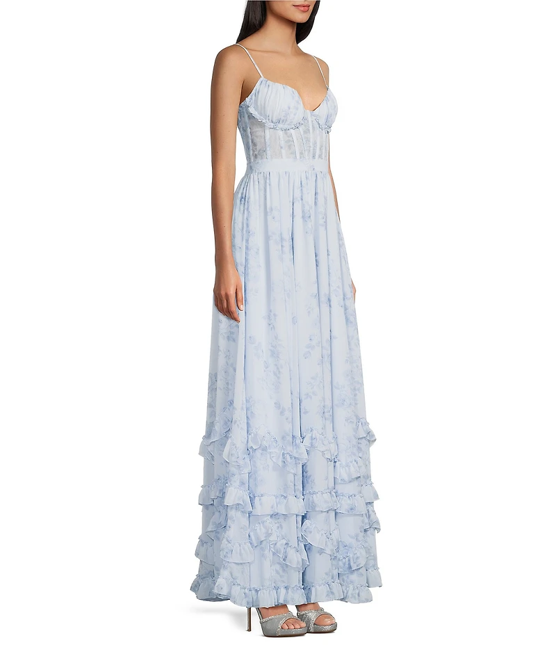 Dear Moon Floral Printed Chiffon Sweetheart Neck Pleated Ruffle Lace Up Back Ballgown