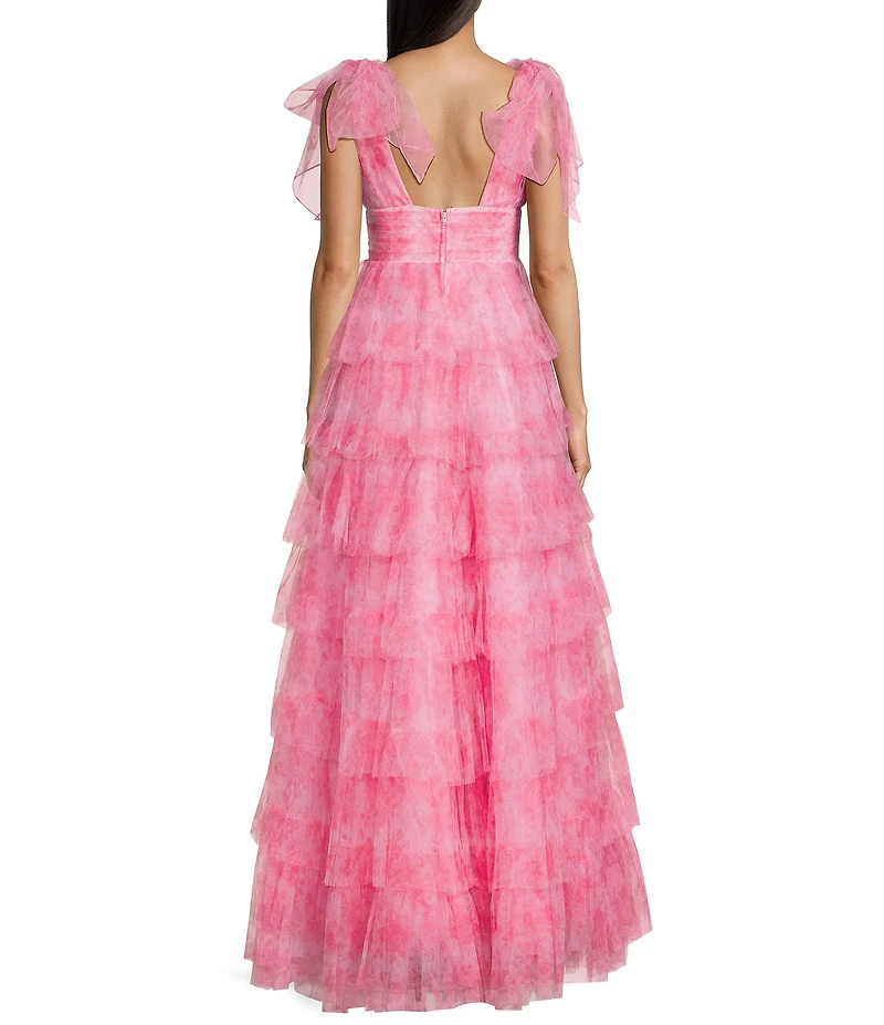 Dear Moon Floral Printed Mesh V-Neck Tie Shoulder Tiered Ruffle Ballgown