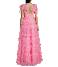 Dear Moon Floral Printed Mesh V-Neck Tie Shoulder Tiered Ruffle Ballgown