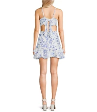 Dear Moon Floral Printed Scuba Crepe Straight Neck Tie Back Ruffled Dress