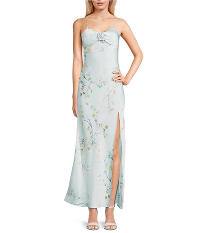 Dear Moon Floral Printed Sweetheart Neck Rosette Side Slit Long Dress