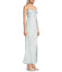 Dear Moon Floral Printed Sweetheart Neck Rosette Side Slit Long Dress