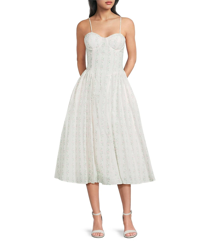 Dear Moon Floral Printed Sweetheart Neckline Basque Waist Fit & Flare Midi Dress