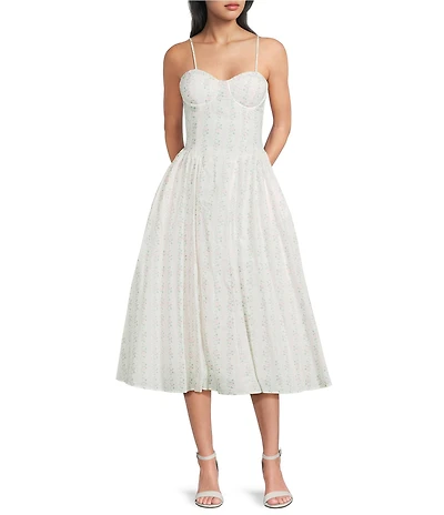 Dear Moon Floral Printed Sweetheart Neckline Basque Waist Fit & Flare Midi Dress