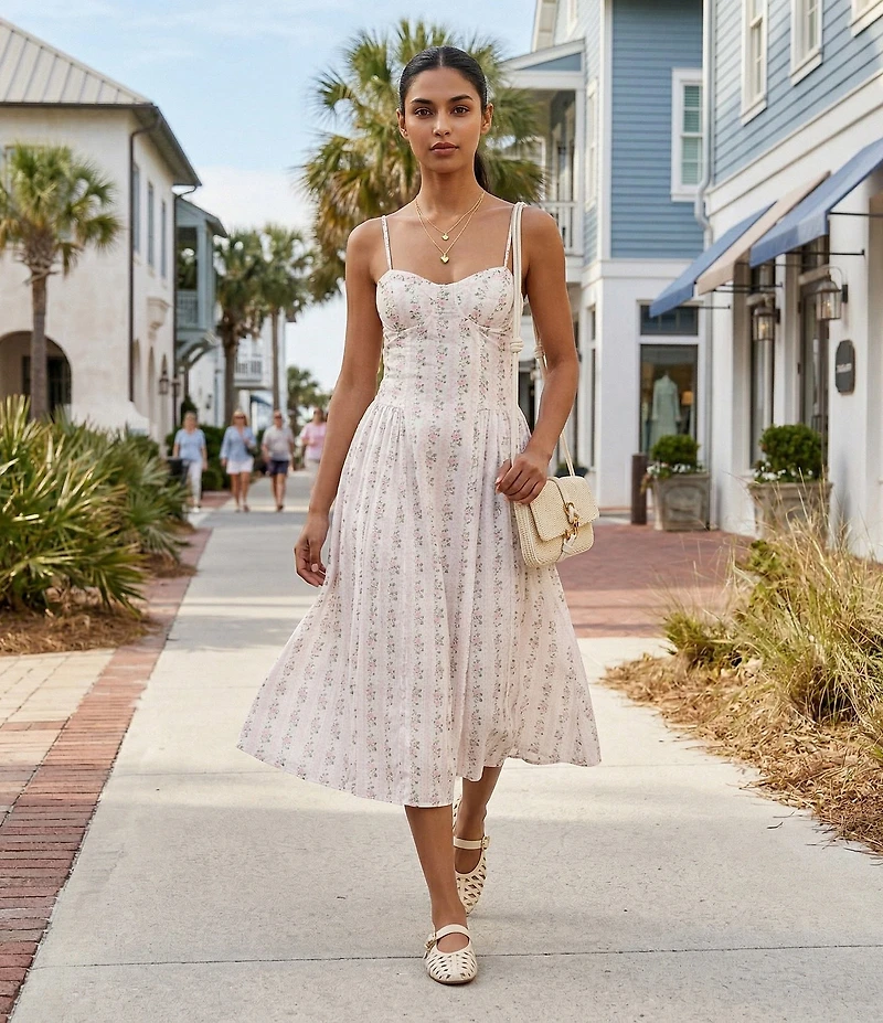 Dear Moon Floral Printed Sweetheart Neckline Basque Waist Fit & Flare Midi Dress