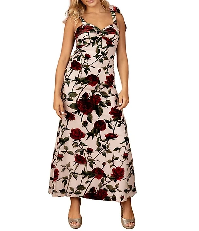 Dear Moon Floral Velvet Burnout Sweetheart Neck Lace Up Back Maxi Dress