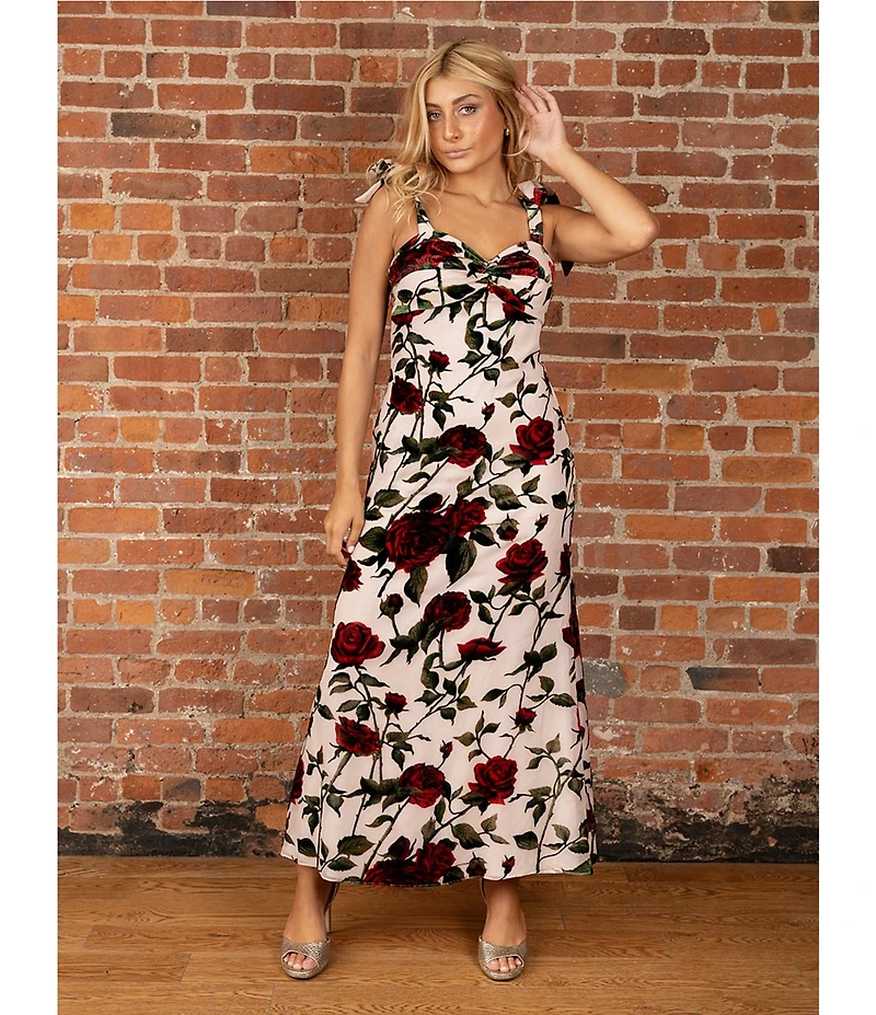 Dear Moon Floral Velvet Burnout Sweetheart Neck Lace Up Back Maxi Dress