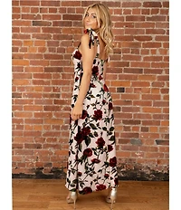 Dear Moon Floral Velvet Burnout Sweetheart Neck Lace Up Back Maxi Dress