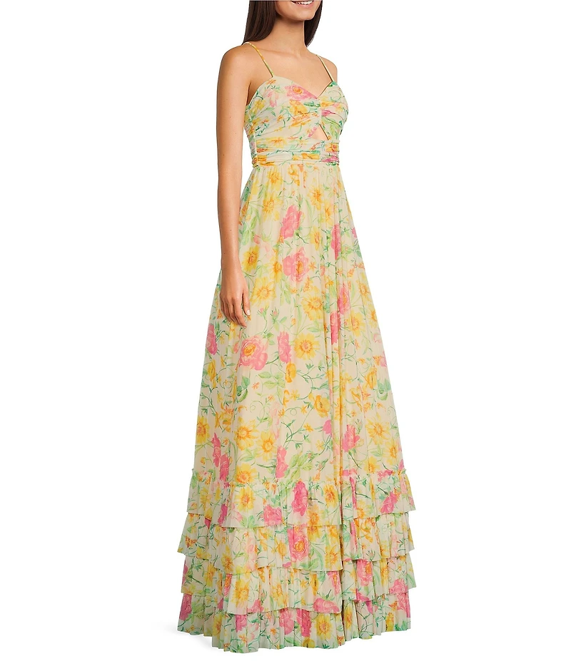 Dear Moon Mesh Floral Print Sweetheart Neck Spaghetti Strap Key Hole Ruched Tiered Ruffle Hem Dress