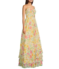 Dear Moon Mesh Floral Print Sweetheart Neck Spaghetti Strap Key Hole Ruched Tiered Ruffle Hem Dress